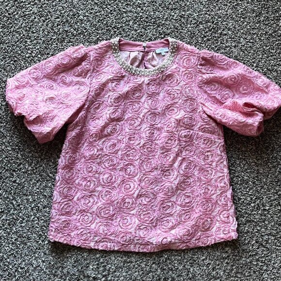 Voy Tops - Voy Pink Blouse Wmn SM Beaded Collar Rose Pattern Balloon Sleeve Spring Dainty